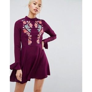 Embroidered Trumpet Sleeve Mini Dress
